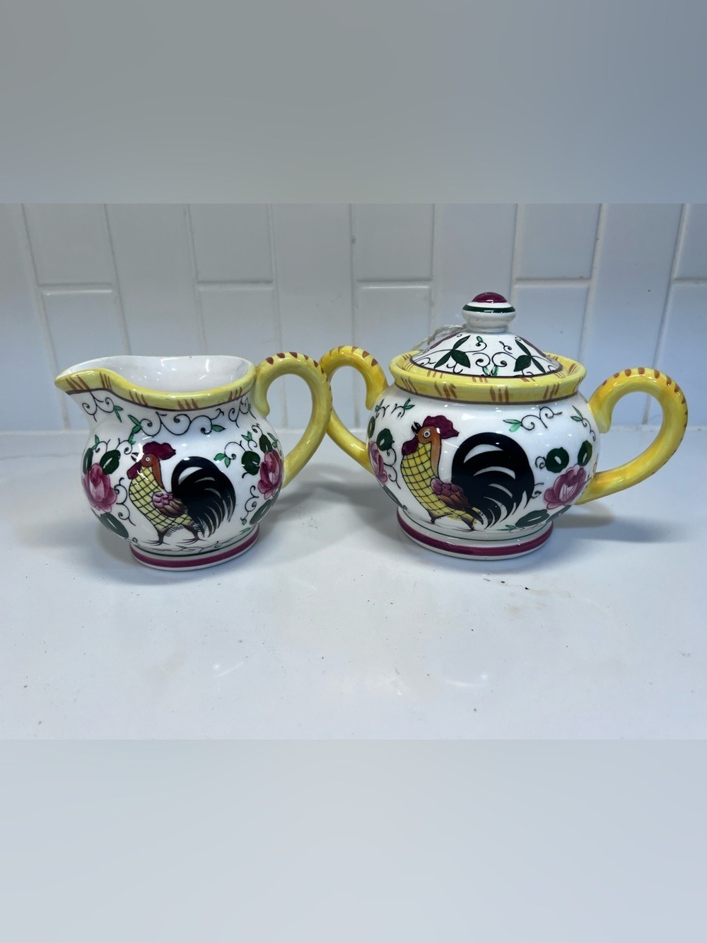 Vintage Early Provincial Ucagco Rooster And Rooster Cream And Sugar Set